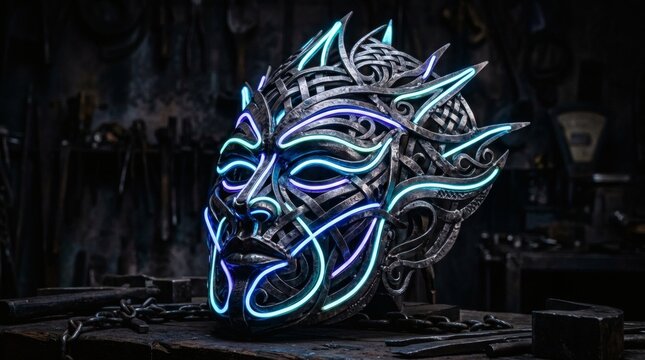 Fantasy warrior mask with glowing blue and purple neon light patterns on a dark metal sculpture in a blacksmith's workshop.