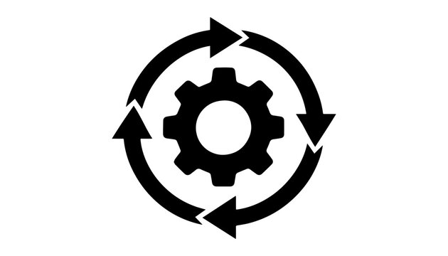 Gear icon with circular arrows isolated on transparent background for industrial process and workflow visualization