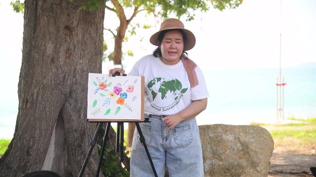 Group of teacher and school children on ecotourist trip  learning show beach take care of environment.