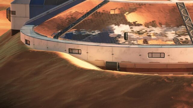 A unique structure rises from the dunes, reflecting sunlight and blending with the sandy landscape. This futuristic habitat hints at human adaptation to alien worlds, evoking curiosity and wonder.