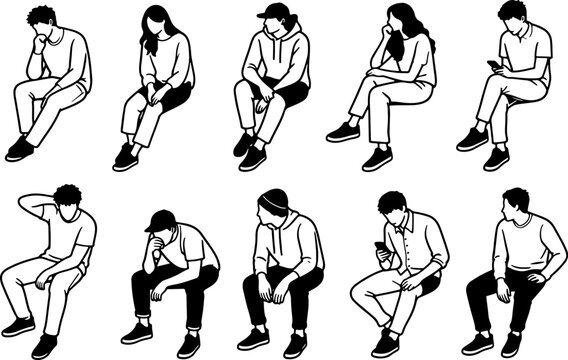 Black and White Line Art Illustration of People Sitting in Different Relaxed Poses