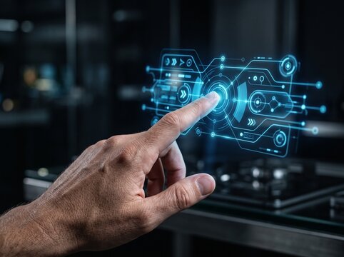 hand pushing a button on touch screen interface