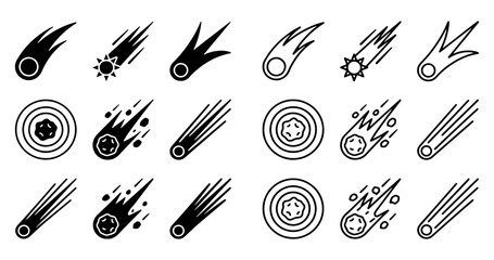 Meteor icon set vector, comet falling shooting star glyph symbols, outer space asteroid fireballs, astronomy design elements © MdMahmudulHasan