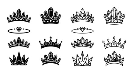 Crystal crown vector icon set, black linear tiara silouettes with gemstones, royal queen crown illustrations for tattoo design © MdMahmudulHasan