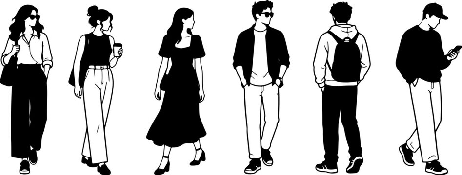 Black and White Fashion Silhouettes of People in Casual and Elegant Streetwear