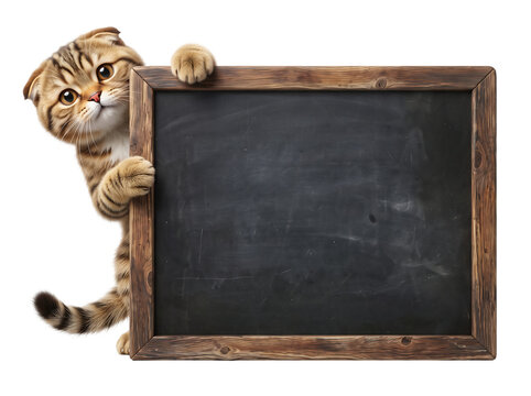  Cute Scottish Fold kitten holding a blank wooden chalkboard, isolated on white