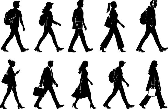 Black Silhouettes of Men and Women Walking with Bags and Backpacks in Side View