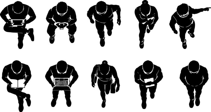 Black Top View Silhouettes of Men Using Laptops and Mobile Devices, Vector Illustration