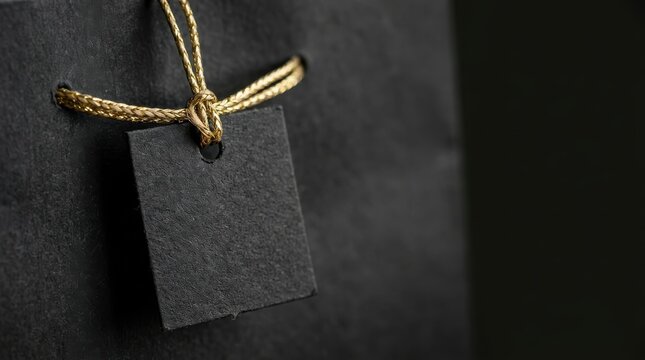 Blank black square paper tag hanging on a dark gift bag with gold string for luxury shopping and retail branding