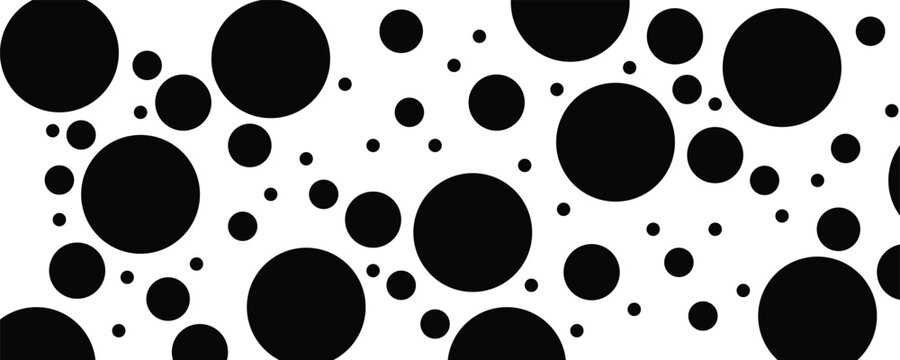 Abstract black polka dot pattern on a white background. Minimalist geometric random circles texture element for modern horizontal banner decoration.