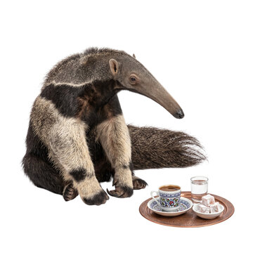 Giant anteater sitting beside a traditional Turkish coffee set on a copper tray transparent background