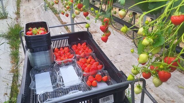 Specialized harvesting cart carrying crates of fresh strawberries in modern greenhouse aisle, farm automation, agriculture transport.