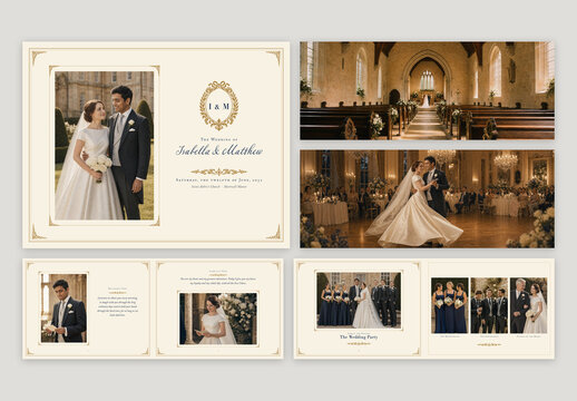 Wedding Photo Album Template, Elegant Vintage Bridal Photo Book & Keepsake Layout with Ornate Gold Frames and Decorative Borders