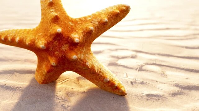 A vibrant starfish lies on the smooth sand, illuminated by the golden hues of sunset. The serene beach setting creates a peaceful atmosphere filled with natural beauty.
