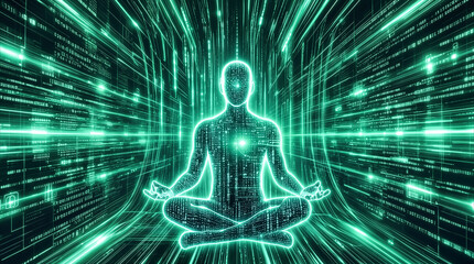 Fototapeta premium Glowing digital silhouette meditating in virtual reality tunnel. Artificial intelligence and data consciousness concept.