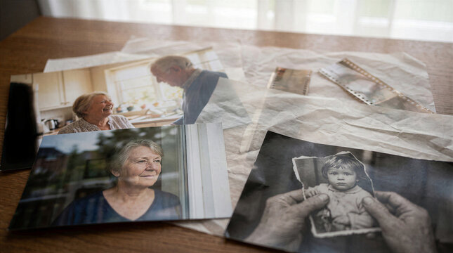 Elderly Woman Holding Old Family Photographs Reflecting On Memories Alzheimer Disease Caregiver Support Concept Senior Nostalgia Mental Health Decline Emotional Moments Past Life Reflection Grief Loss