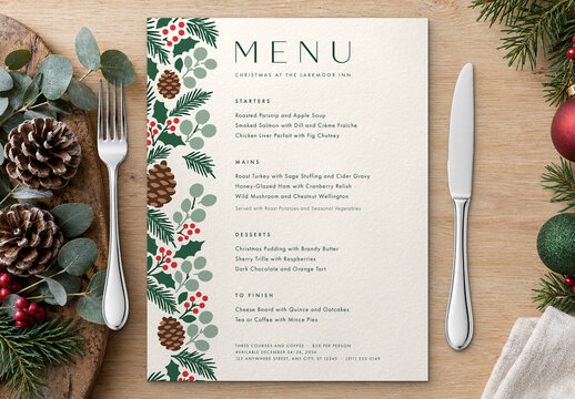 Evergreen Christmas Menu Template, Elegant Botanical Holiday Dinner Card for Restaurants, Catering & Banquets