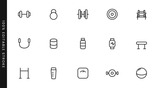Fitness gym workout line web icon set. Dumbbell, kettlebell, barbell, bench, scale, jump rope, and protein shaker bottle. Thin outline icons collection. Editable stroke.