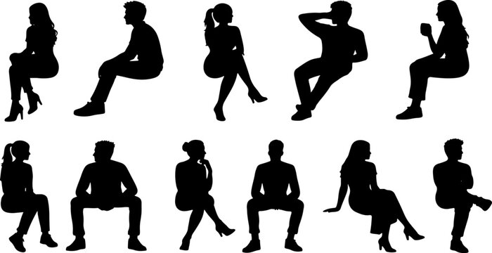 Black Silhouettes of Men and Women Sitting in Different Relaxed and Seated Poses