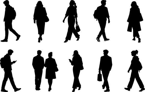 Black Silhouettes of Men and Women Walking with Bags in Minimalist Fashion Illustration