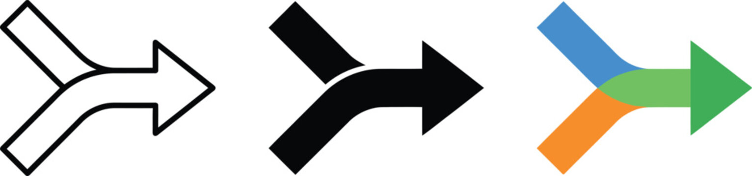 Combined merging arrow graphics representing direction and path convergence with split