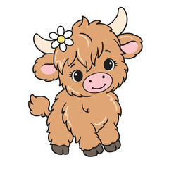 Obraz premium Cute baby highland cow with daisy flower on head. Fluffy scottish calf cartoon character standing vector art