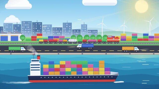 Logistics and Shipping Concept with Container Ship Trucks and Freight Train
