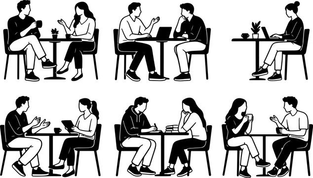 Black and White Vector Illustration of People Working and Meeting at Tables