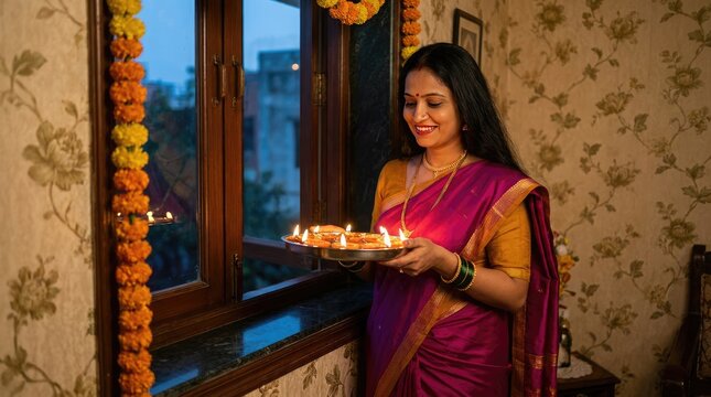 Beautiful young Indian woman wearing a traditional saree and holding a decorated plate with glowing oil lamps during Diwali