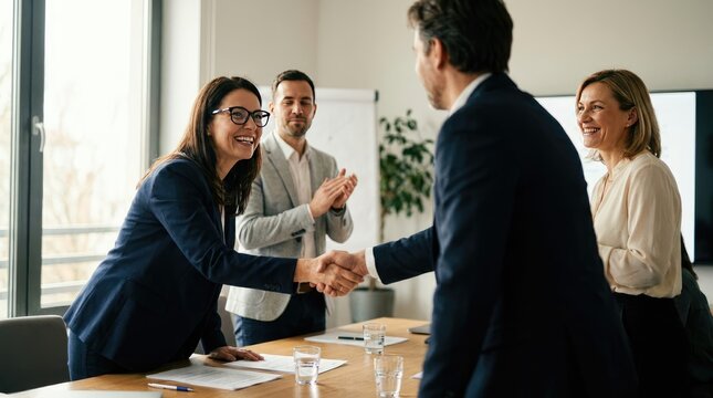 Happy corporate woman shaking hands with a newly appointed male employee in a modern office