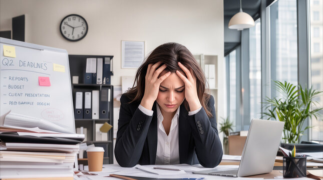 Overwhelmed office worker holding head in hands at desk. Corporate employee facing burnout and heavy workload during quarterly deadlines.