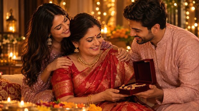 Happy young Indian couple presenting a beautiful jewelry gift to their mother during Diwali,