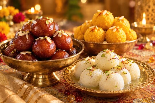 Traditional Indian sweets including gulab jamun, rasgulla, and motichoor laddu beautifully arranged for Diwali