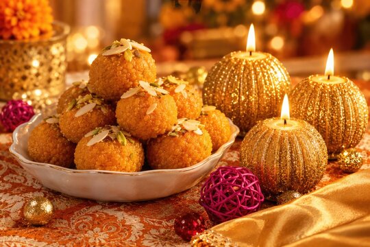 Traditional Indian motichoor laddu arranged in a bowl for Diwali festival, showcasing delicious golden-orange sweets and festive culinary heritage.
