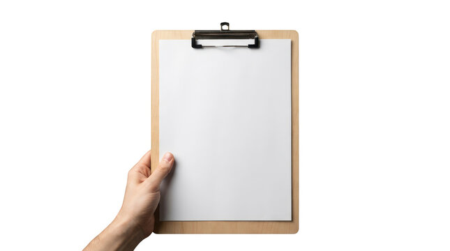A human hand holding a vertical light brown wooden clipboard featuring a metal clamp at the top holding a clean blank white sheet of paper, presented upright against a solid isolated background