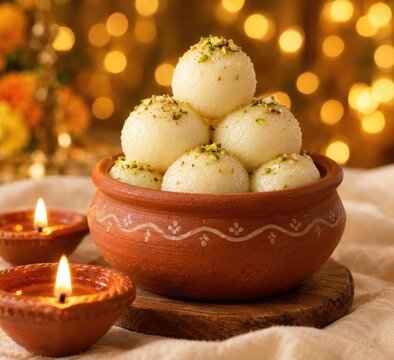 Soft, spongy white rasgullas soaked in sugar syrup and served in a traditional clay pot for Diwali