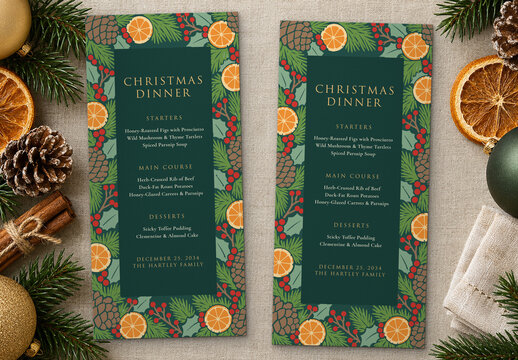 Evergreen Christmas Menu Template, Botanical Menu Card for Holiday Dinner Parties, Restaurants & Catering