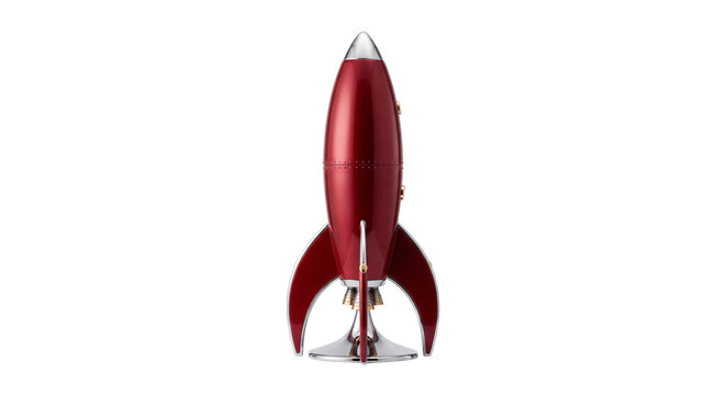 A glossy red toy rocket ship featuring metallic silver fins and nose cone standing upright on a circular chrome base isolated on a clean white background