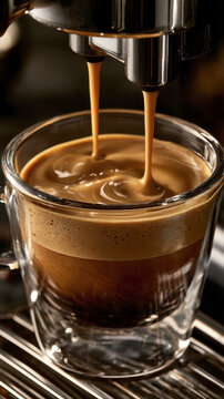 close up of fresh hot espresso pouring from coffee machine into clear double wall glass cup forming rich creamy thick crema layer gourmet morning coffee brewing process detail macro shot bar barista