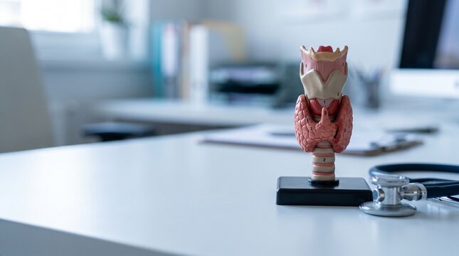 Anatomical model of the human thyroid gland displayed on a professional medical office desk