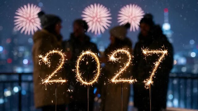 2027 numerals formed with sparklers as friends celebrate outdoors. New Year celebration with fireworks. Holiday countdown and festive gathering. Winter city night