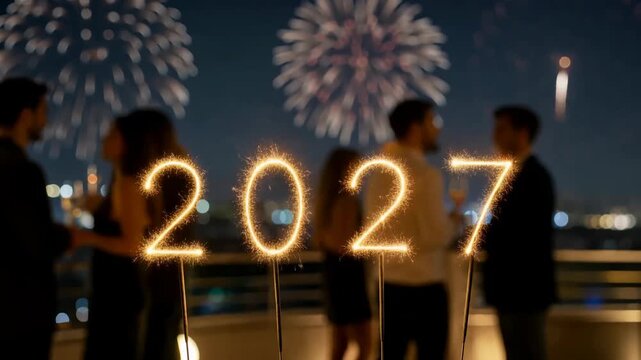 Sparklers spell 2027 as people celebrate outdoors with fireworks. New Year celebration. Holiday party and festive countdown. Fireworks display at night.