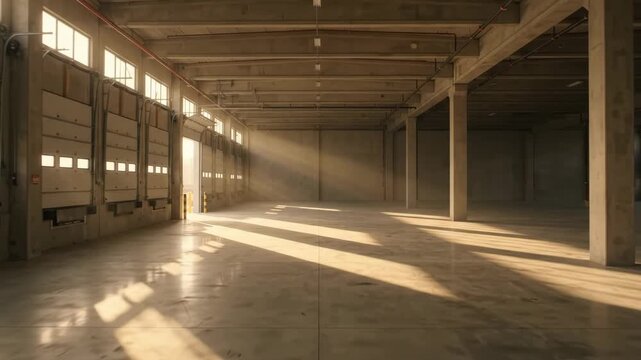 sunlight streams through high windows into empty warehouse with loading doors and concrete columns. spacious industrial interior with long shadows across polished floor.