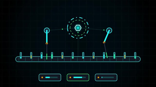 Futuristic mechanical arm animation processing data on digital assembly line HUD interface with technical motion design.