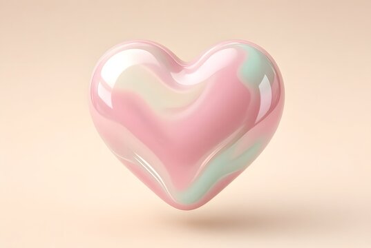 Iridescent heart hovers above soft beige surface, suggesting love and gentle optimism. Shiny pink heart has translucent glasslike contours with pale green highlights in dreamy pastel style.