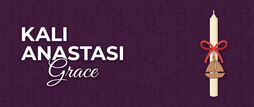 Greek Easter Kali Anastasi Candle Banner Background celebrating Orthodox Pascha holiday with traditional decorated lambada candle, red ribbon bow, wooden boat charm festive purple vector card design.