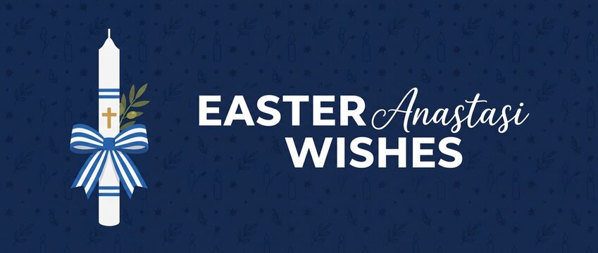 Greek Orthodox Easter Candle Banner with Anastasi Wishes Text, Traditional Paschal Lambada with Greek Flag Ribbon, Golden Cross, and Olive Branch Background for Resurrection Celebration Header Design