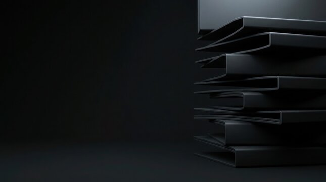 A stack of folded dark denim jeans isolated on a dark background with copy space