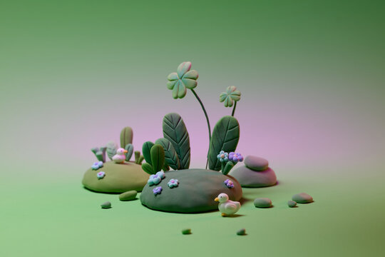 Clay Sculpture with Nature Elements and Duck