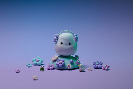 Adorable Clay Figurine With Flowers And Animals On Purple Background